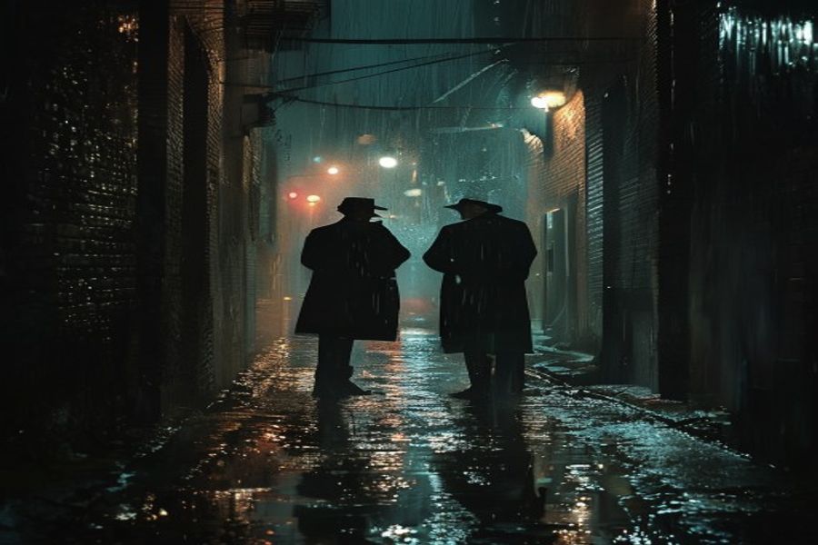 Rain-soaked alley with two detectives for a cinematic dialogue example