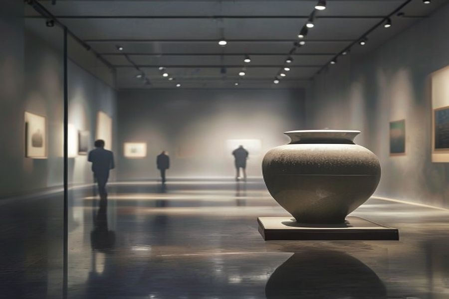 Quiet museum gallery with a ceramic vase for an audio guide example