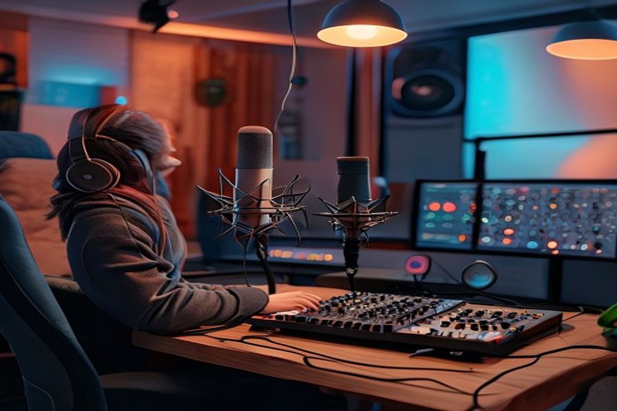 Warm podcast studio with microphones for a welcome segment example